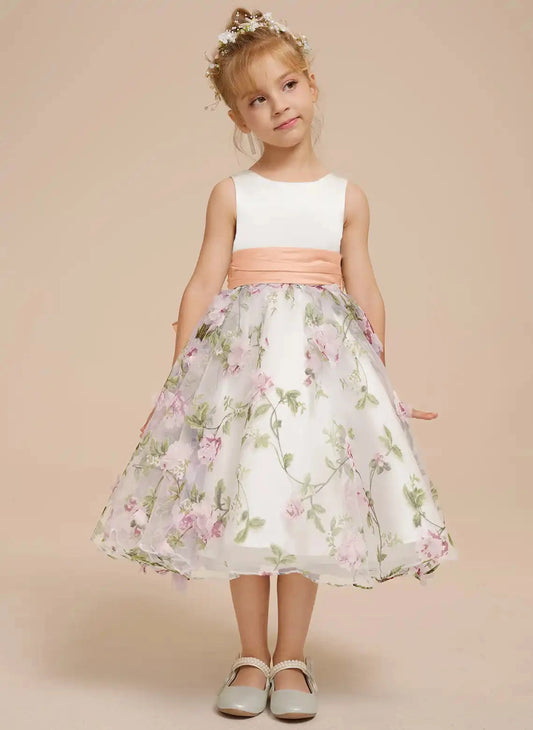 Fresh A-Line Round Neck Sleeveless Bow Back Midi Wedding Flower Girl Dress