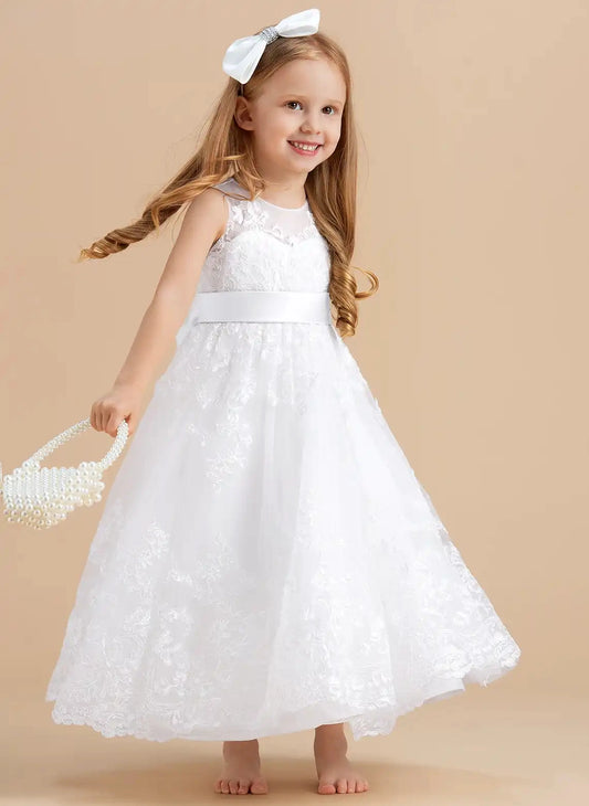 Elegant A?Line Illusion Neck Sleeveless Keyhole Back Ankle?Length First Communion Dress