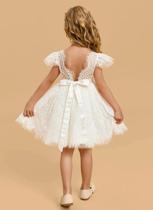 Elegant A Line Round Neck Flutter Sleeve V Back Knee Length Flower Girl Dress