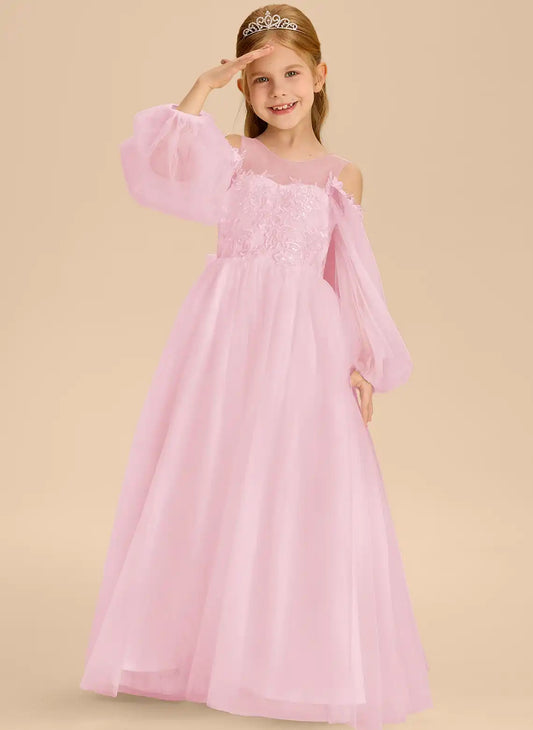 Elegant A-Line Illusion Neck Cold Shoulder Puff Sleeve V Back Floor Length Communion Dress