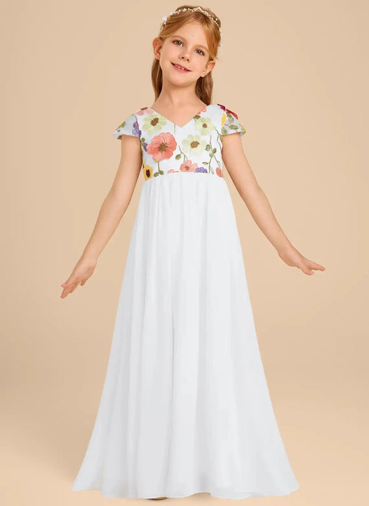 Colorful Embroidered A-Line Square Neck Cap Sleeve Open Back Floor Length Flower Girl Dress