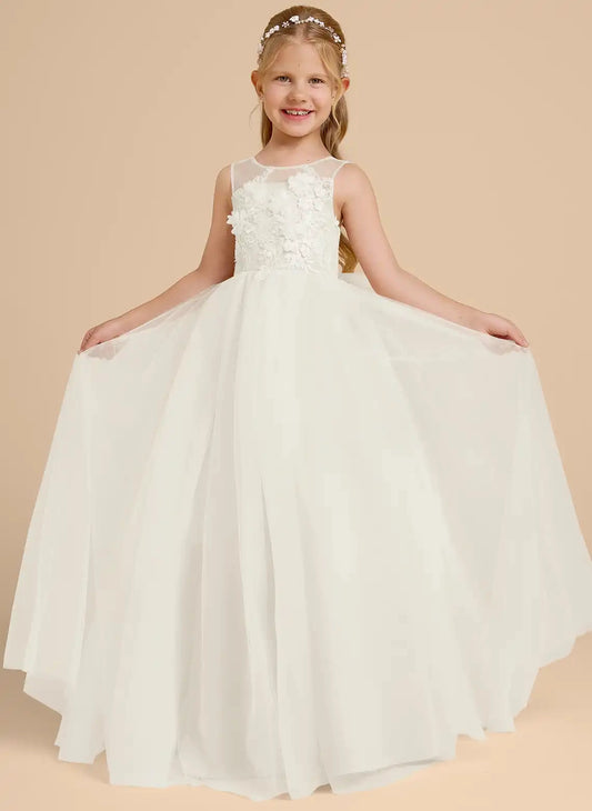 Elegant A-line Round Sleeveless V Back Long Flower Girl Dress