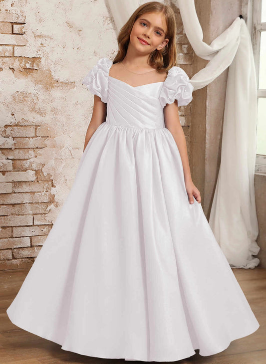 Heowos Puff Sleeve Flower Girl Dress | Bow Back Satin Communion Gown