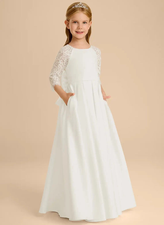 Elegant A?Line Round Neck 3/4 Sleeve Big Bow Back Floor Length First Communion Dress