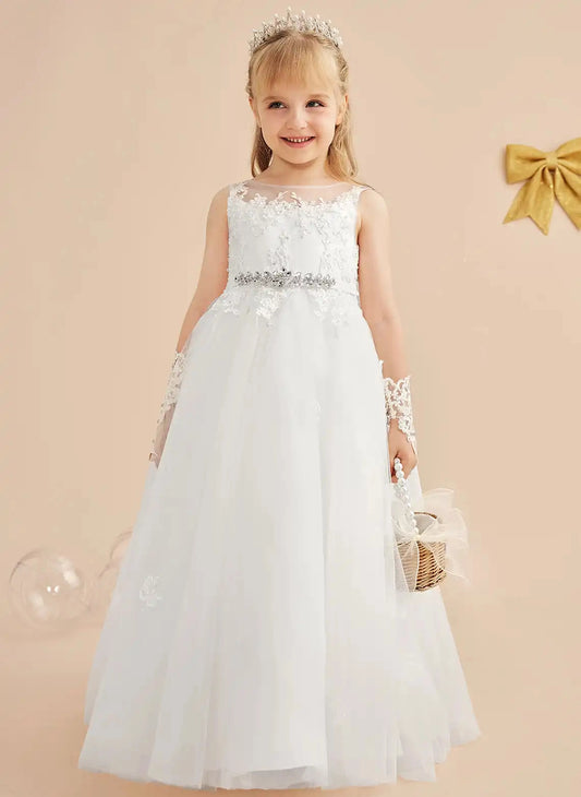 Elegant A?Line Illusion Neck Sleeveless Lace?Up Back Floor?Length First Communion Dress