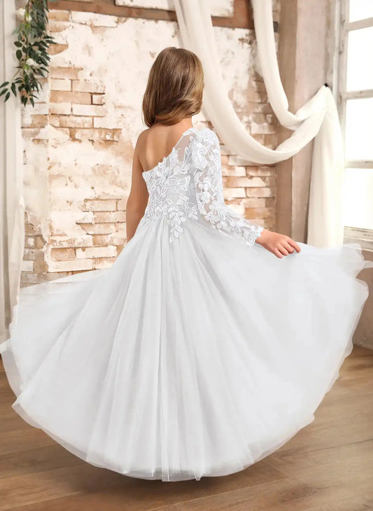 Elegant A?Line One?Shoulder Long?Sleeve Open?Back Floor?Length First Communion Girl Dress