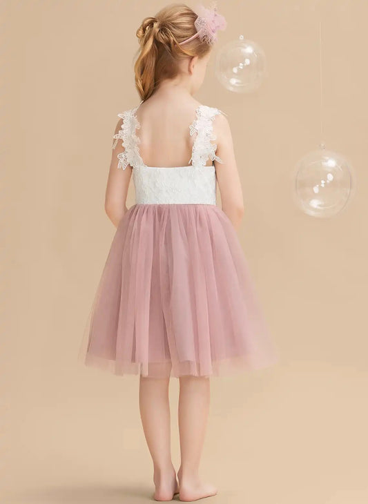Romantic A Line Square Neck Sleeveless Open Back Knee Length Flower Girl Dress