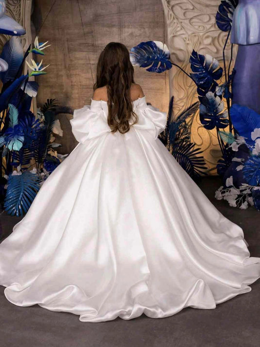 Luxury Ballgown Off?Shoulder Puff Sleeve Closed Back Train First Communion Dress