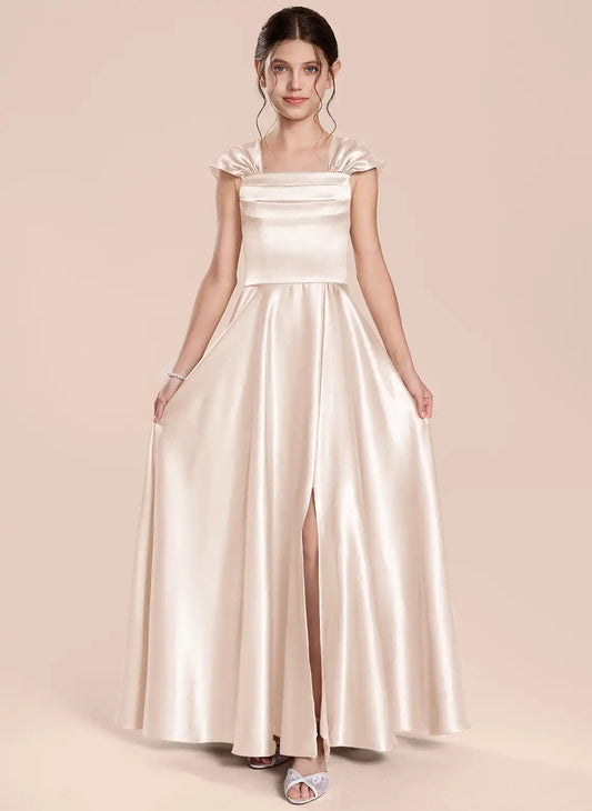 Elegant A?Line Square Neck Cap Sleeve Sweetheart Back Floor?Length Junior Bridesmaid Dress