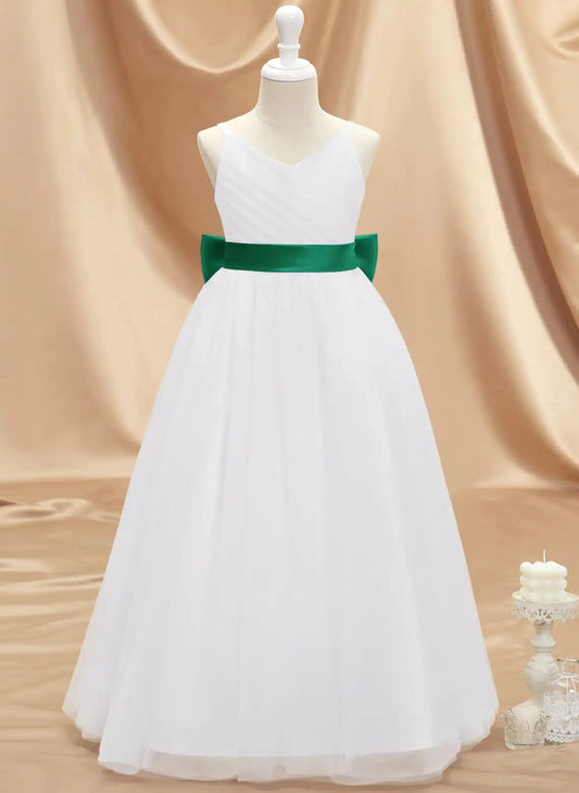 Elegant A Line V Neck Sleeveless Bow Back Floor Length Flower Girl Dress