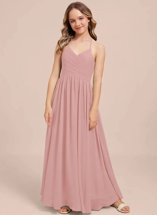 Elegant A-Line Halter V Neck Sleeveless Tie Back Floor-Length Junior Bridesmaid Dress