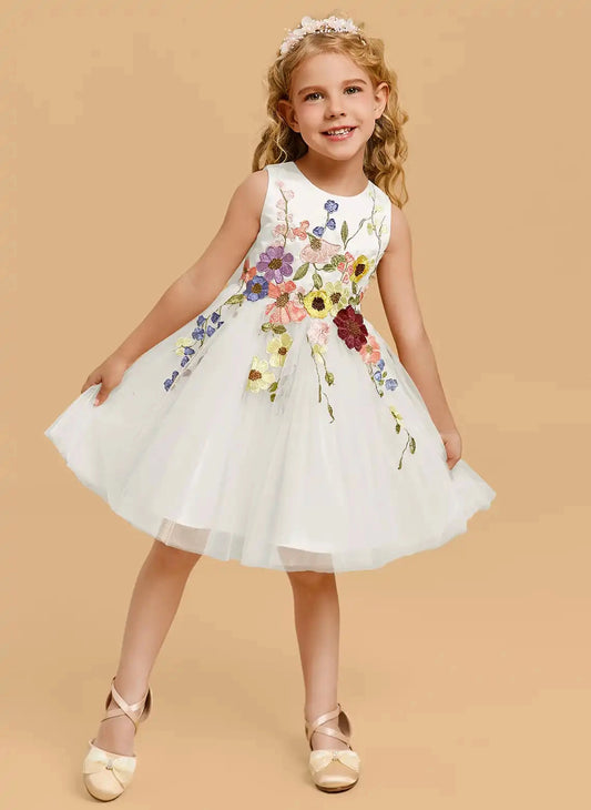 Floral Embroidered A Line Round Neck Sleeveless Keyhole Back Knee Length Flower Girl Dress