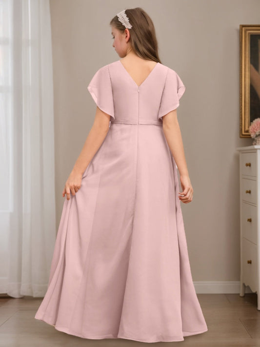Romantic A-Line V-Neck Flutter Sleeve V-Back Chiffon Junior Bridesmaid Dress