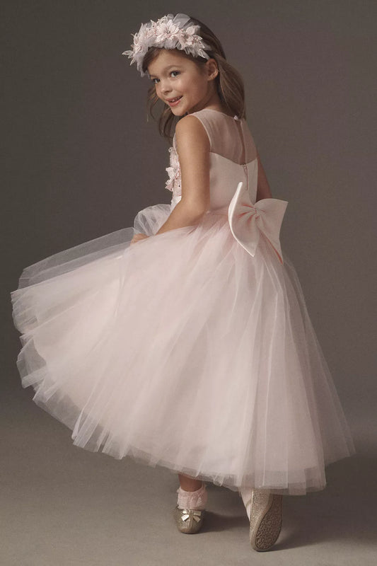 Graceful Ballgown Illusion Neckline Sleeveless Bow-Back Ankle-Length Flower Girl Dresses