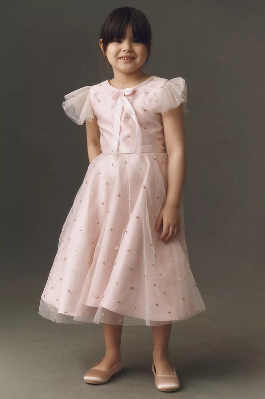 Flower Girl Dresses, Blush Pink Dresses, Flutter Sleeve Dresses, Bow Front Dresses, Tea Length Dresses,