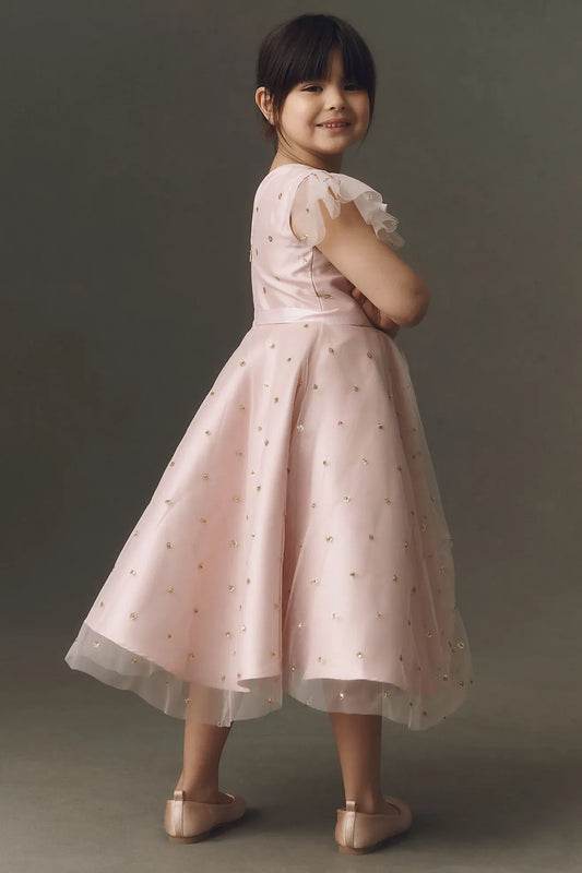 Charming A-Line Round Neck Flutter Sleeves Closed-Back Tea-Length Flower Girl Dresses