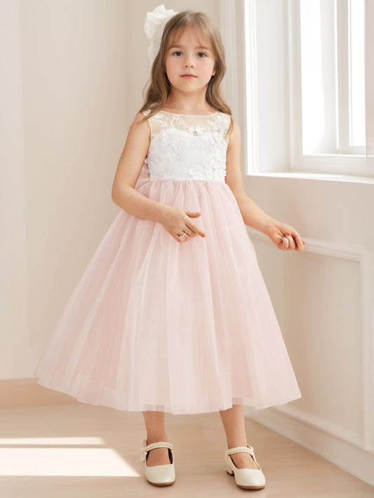 Romantic A-Line Illusion Neck Sleeveless Bow Back Flower Girl Dresses
