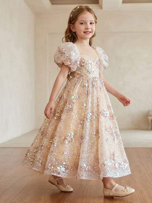 Heowos blush champagne sequin girls dress with puff sleeves sweetheart bodice and sparkling A-line skirt