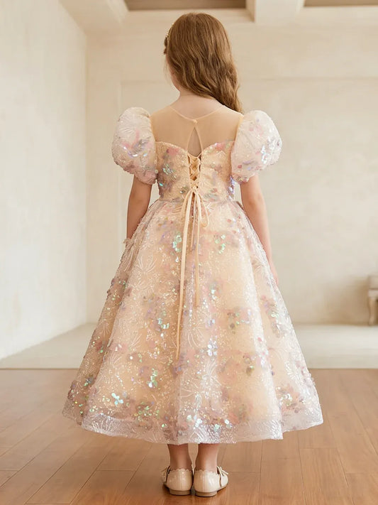 Sparkling A-Line Sweetheart Neck Puff Sleeve Lace-Up Tea-Length Special Occasion Dress