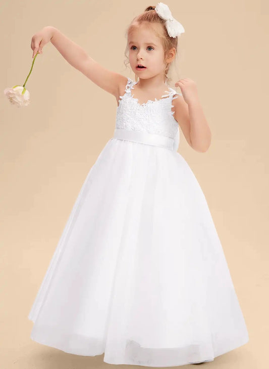 White A-Line V Neck Spaghetti Straps Lace Back Bow Floor Length First Communion Dress