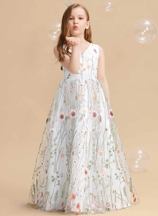 Floral A-line V-neck Sleeveless Open Back Long Flower Girl Dress