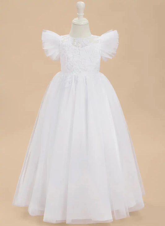 Elegant A?Line Illusion Neck Flutter Sleeve Button Back Floor?Length First Communion Dress