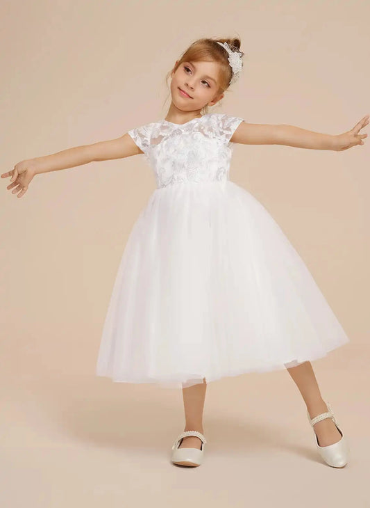 Elegant A?Line Round Neck Cap Sleeve Keyhole Back Midi Flower Girl Dress