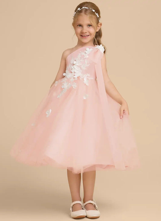 Elegant A Line One Shoulder Sleeveless Open Back Midi Flower Girl Wedding Dress
