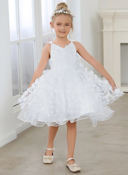 White A Line V Neck Sleeveless V Back Knee Length Flower Girl Dress