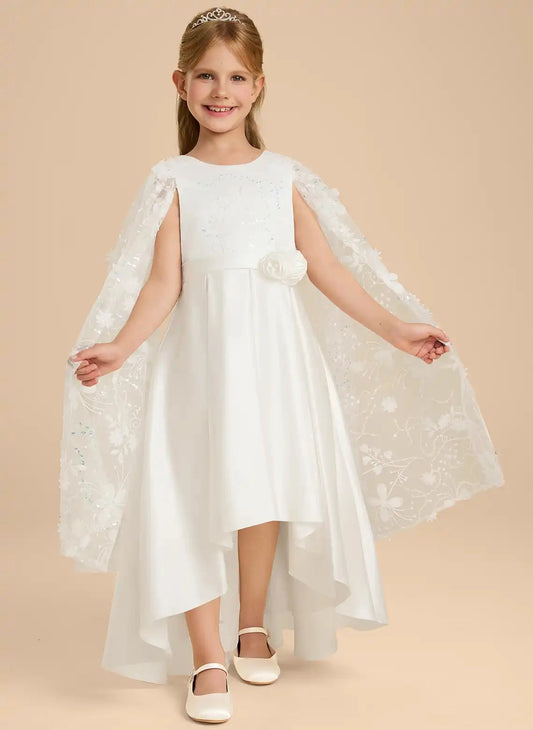 Elegant A Line Round Neck Cape Sleeve V Back High Low Flower Girl Dress