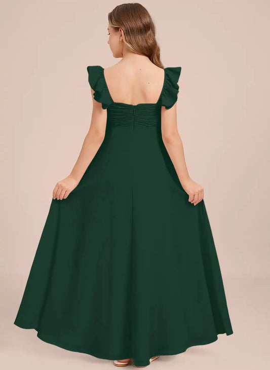 Flowy A-Line V Neck Ruffle Sleeve Square Back Floor-Length Junior Bridesmaid Dress