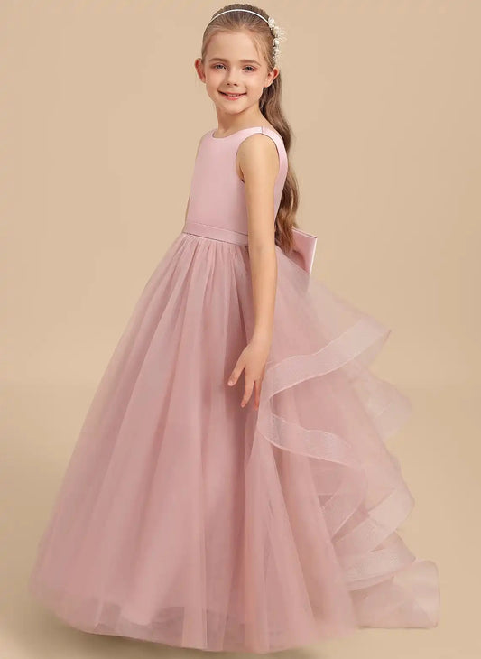 Dusty Pink A?Line Round Neck Sleeveless V?Back Train Length Junior Bridesmaid Dress