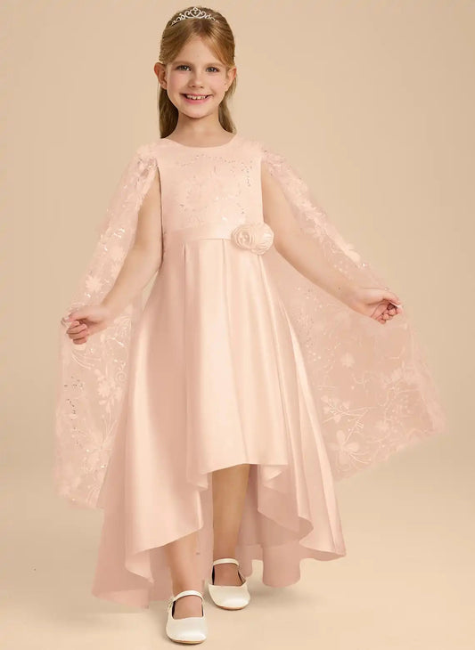 Elegant A Line Round Neck Cape Sleeve V Back High Low Flower Girl Dress