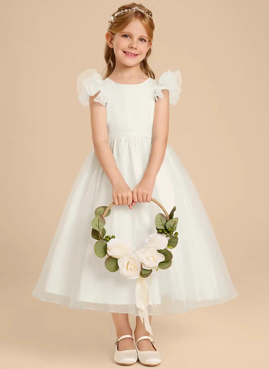 Elegant A?Line Round Neck Flutter Sleeve Bow Back Midi First Communion Dress