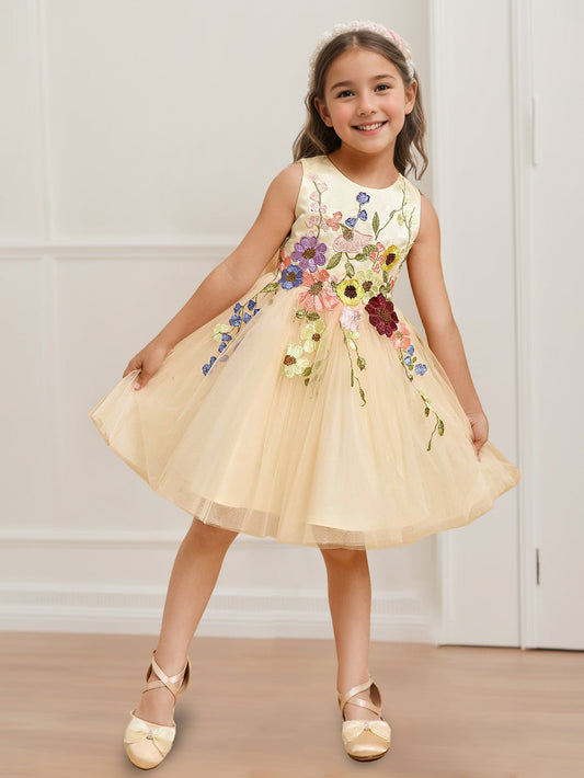 Romantic A-Line Floral Round Neck Sleeveless Bow Back Flower Girl Dresses