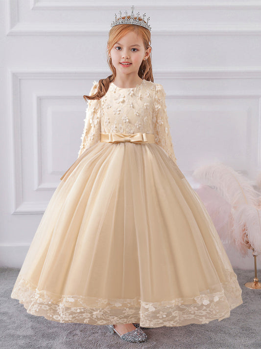 Elegant A-Line Floral Lace Long Sleeve Bow Back Flower Girl Dress