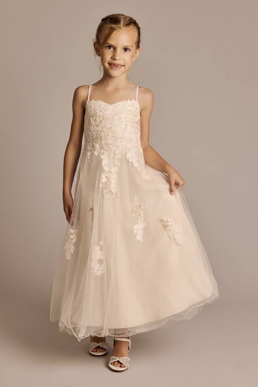 Romantic A-Line Straight Neck Spaghetti Strap Lace Tulle Flower Girl Dress