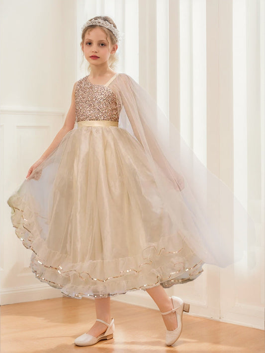 Sparkling A-Line One Shoulder Cape Sleeve Tea-Length Flower Girl Dress