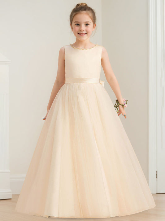 Elegant A-Line Round Neck Sleeveless V-Back Floor-Length Flower Girl Dresses