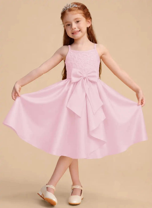 Elegant A?Line Square Neck Spaghetti Straps Zipper?Back Midi First Communion Dress