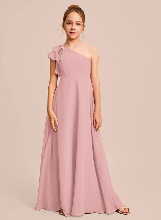 Elegant A Line One Shoulder Ruffle Sleeve Zipper Back Maxi Junior Bridesmaid Dress