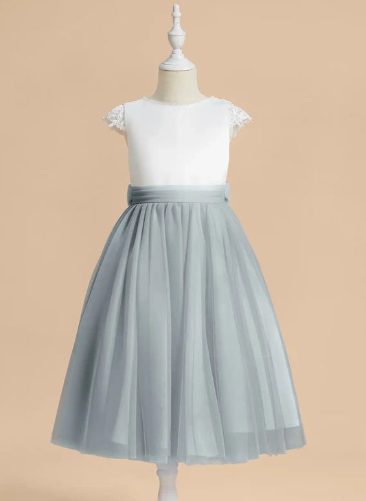 Elegant A Line Round Neck Cap Sleeve V Back Tea Length Flower Girl Dress