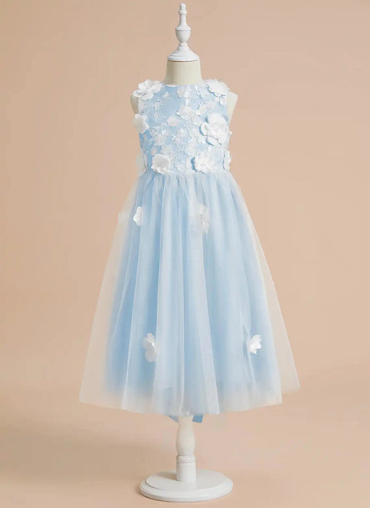 Sweet A-line Round Neck Sleeveless Zipper Back Midi Flower Girl Dress