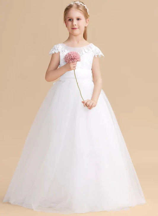 Elegant A?Line Illusion Neck Cap Sleeve V?Back Floor?Length First Communion Dress