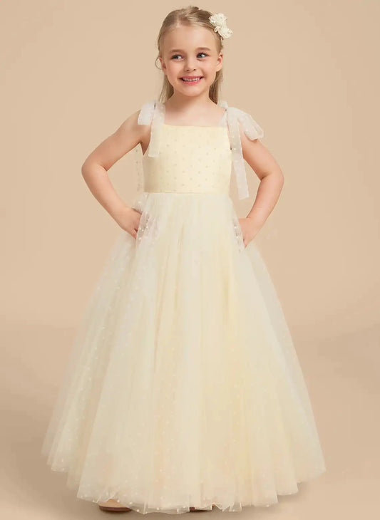 Champagne A?Line Square Neck Tie Strap Open Back Floor?Length Flower Girl Dresses
