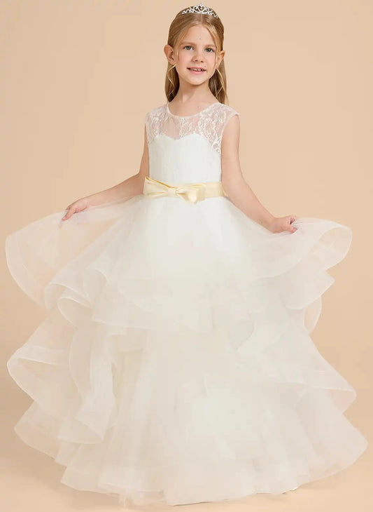 Elegant A-Line Round Neck Sleeveless Heart Cutout Back Long Flower Girl Dress