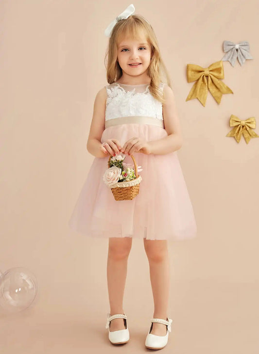 Romantic A Line Illusion Neck Sleeveless Bow Knee Length Flower Girl Dress