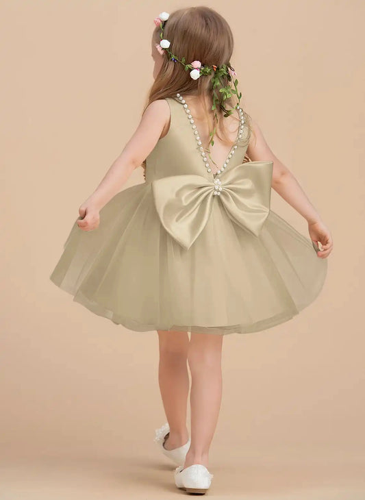 Elegant A-Line Crew Neck Sleeveless V-Back Short Flower Girl Dress