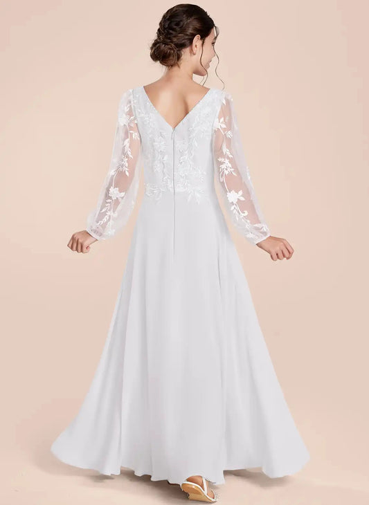 Elegant A?Line Square Neck Long Sleeve V?Back Floor Length First Communion Dress