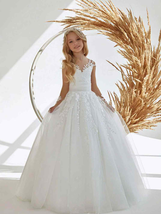 Elegant White Ballgown V Neck Strap Sleeve Open Back Train Length Wedding Flower Girl Dress